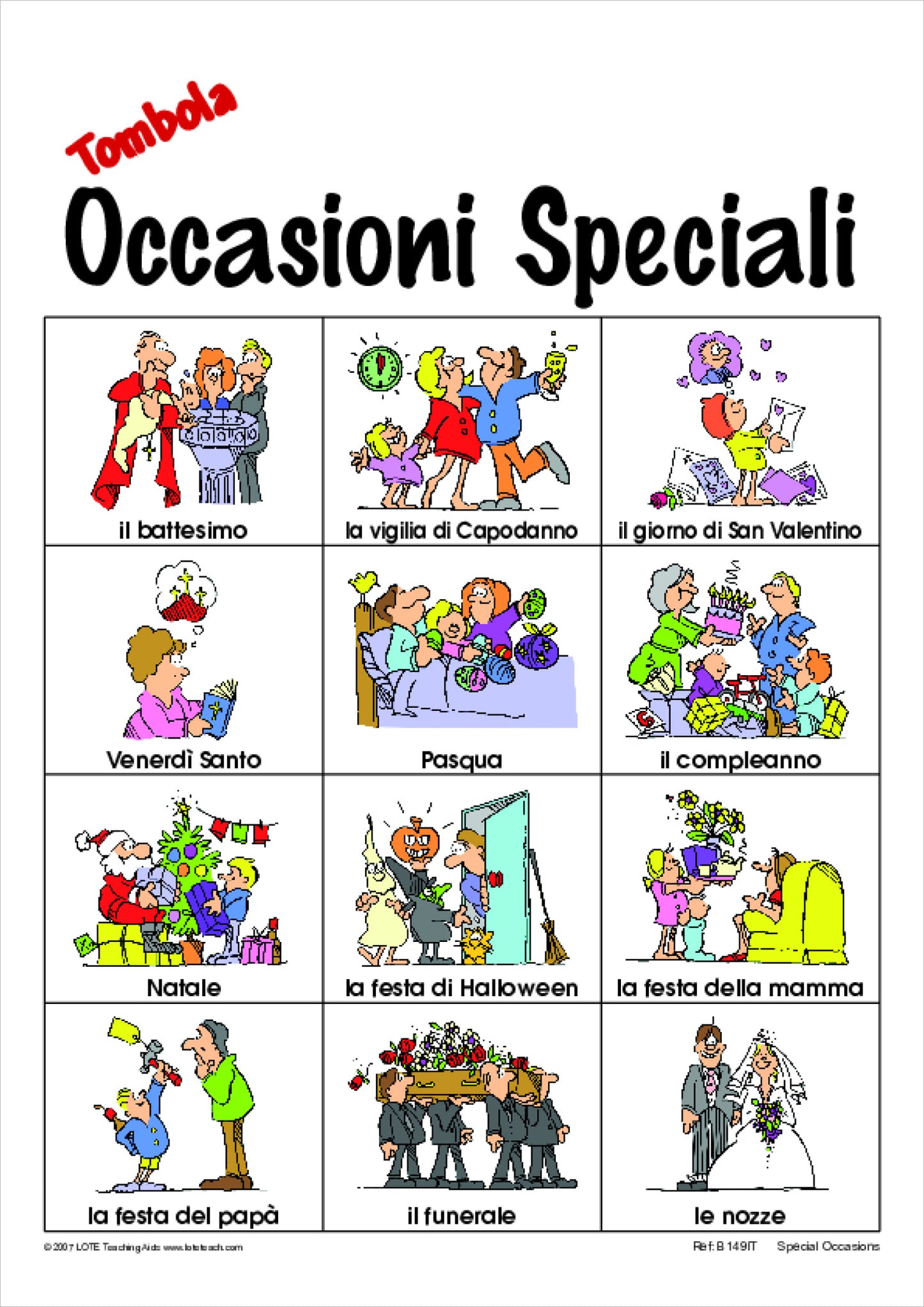 'Special Occasions' Bingo Game
