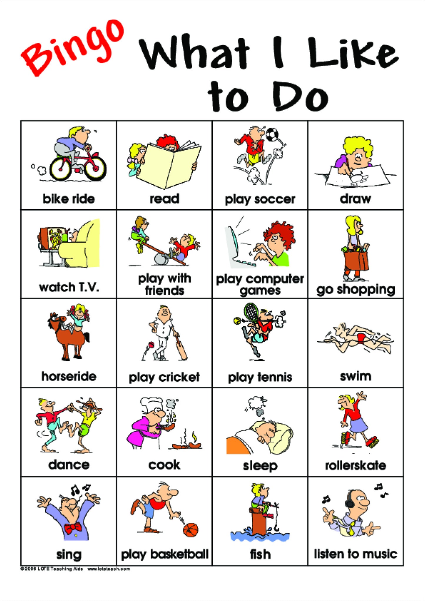 'What I like to do' Bingo Game