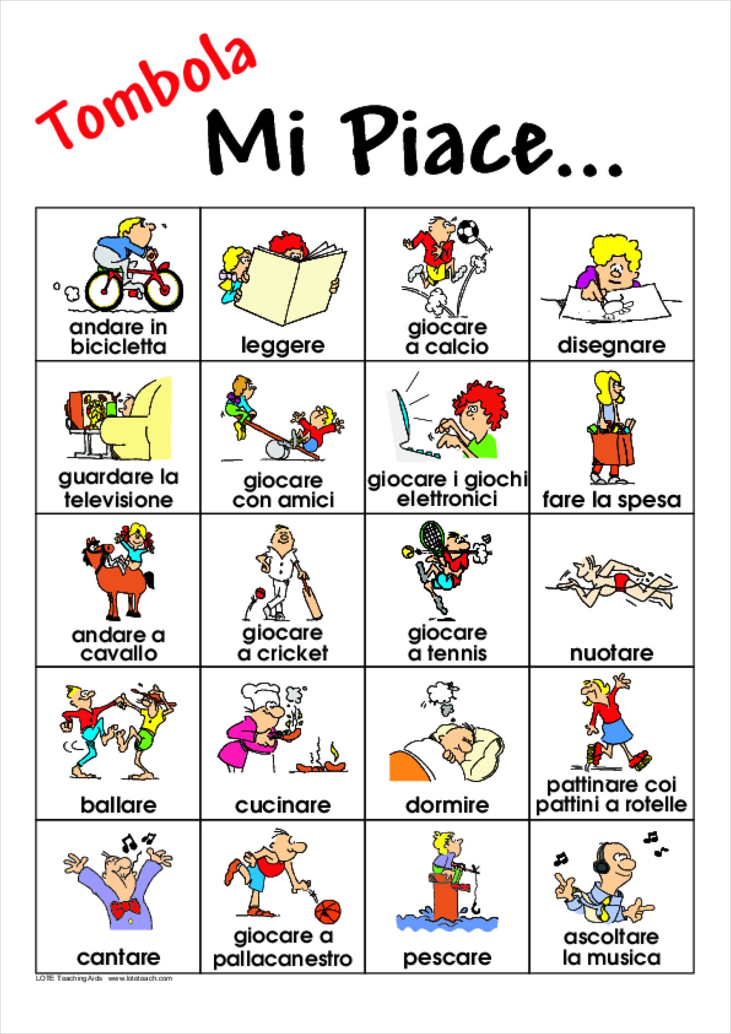 'What I like to do' Bingo Game