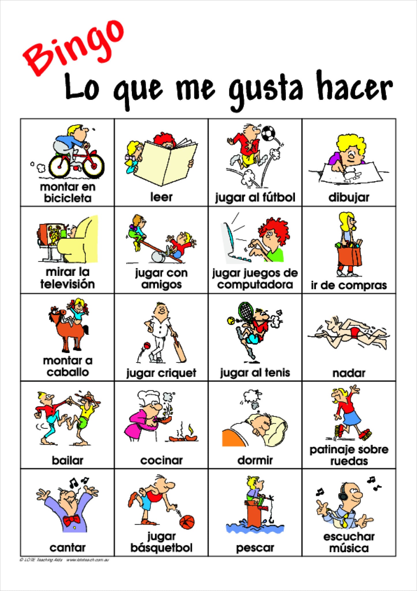 'What I like to do' Bingo Game