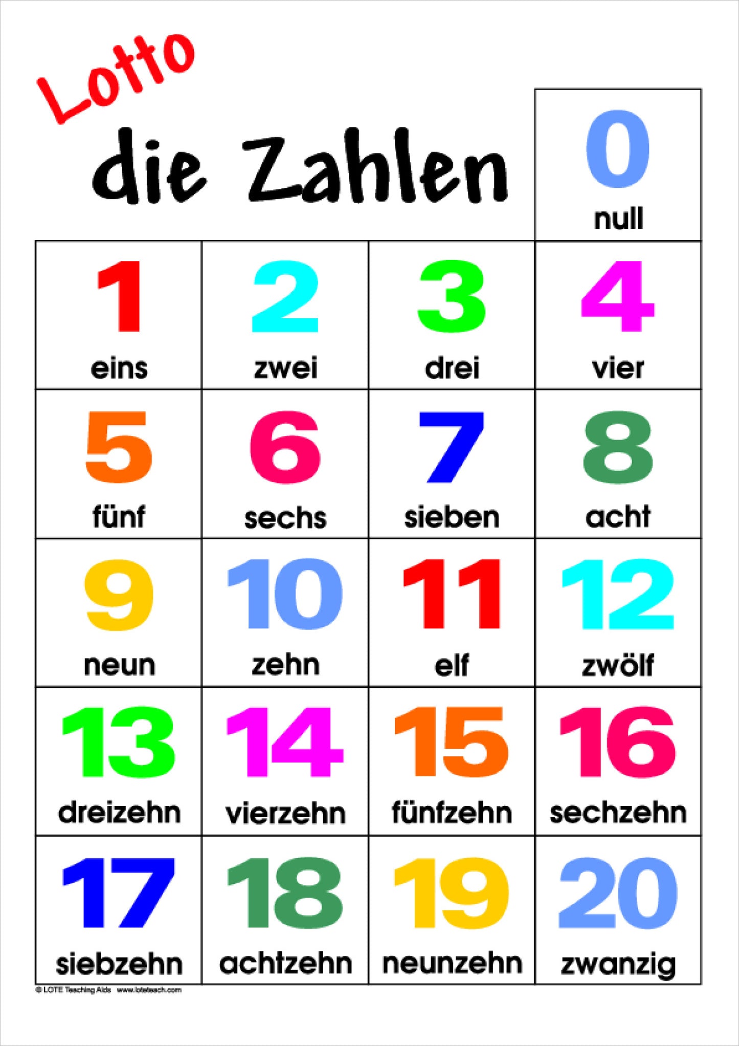 Numbers 0-20 Bingo Game