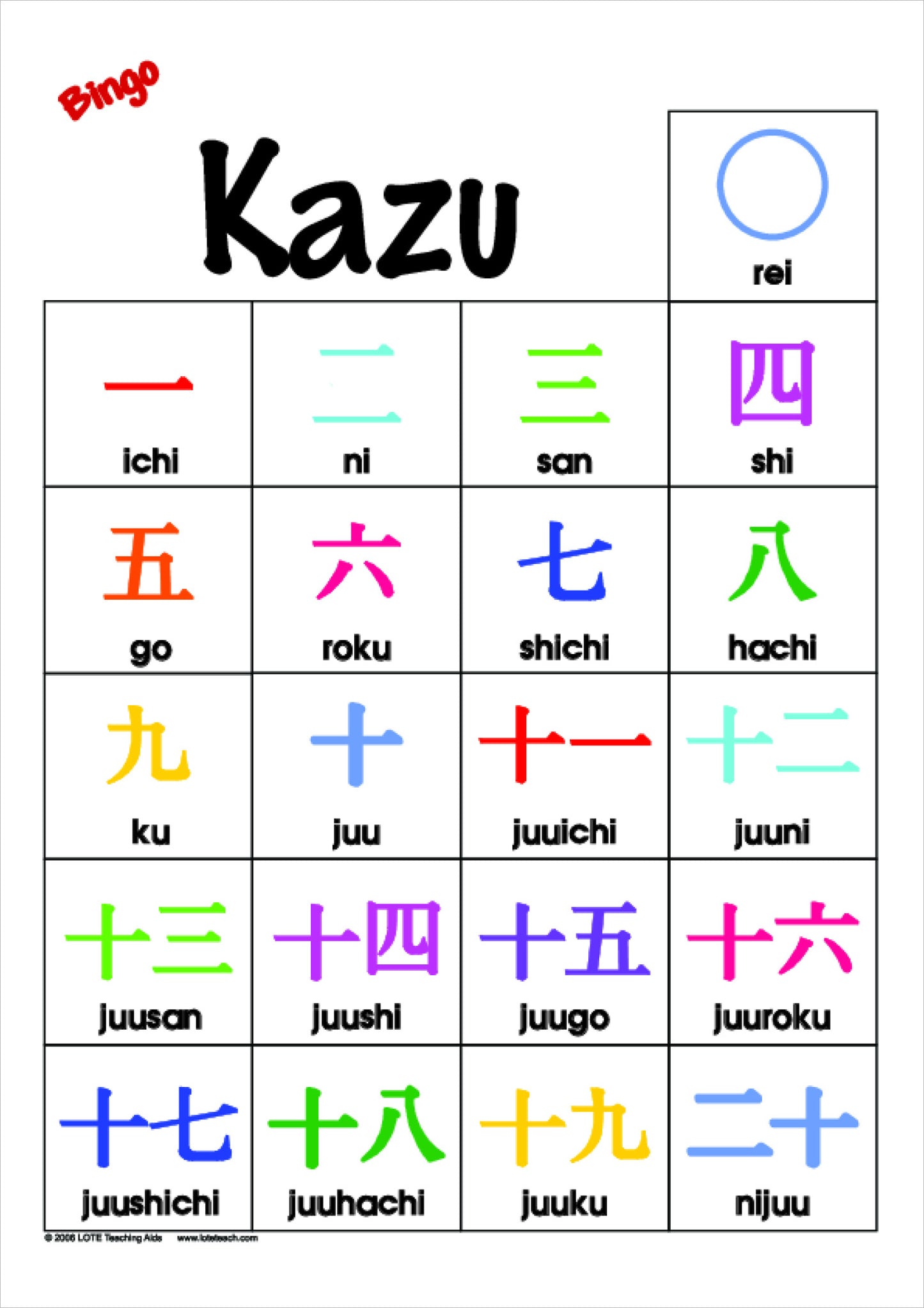 Numbers 0-20 Bingo Game