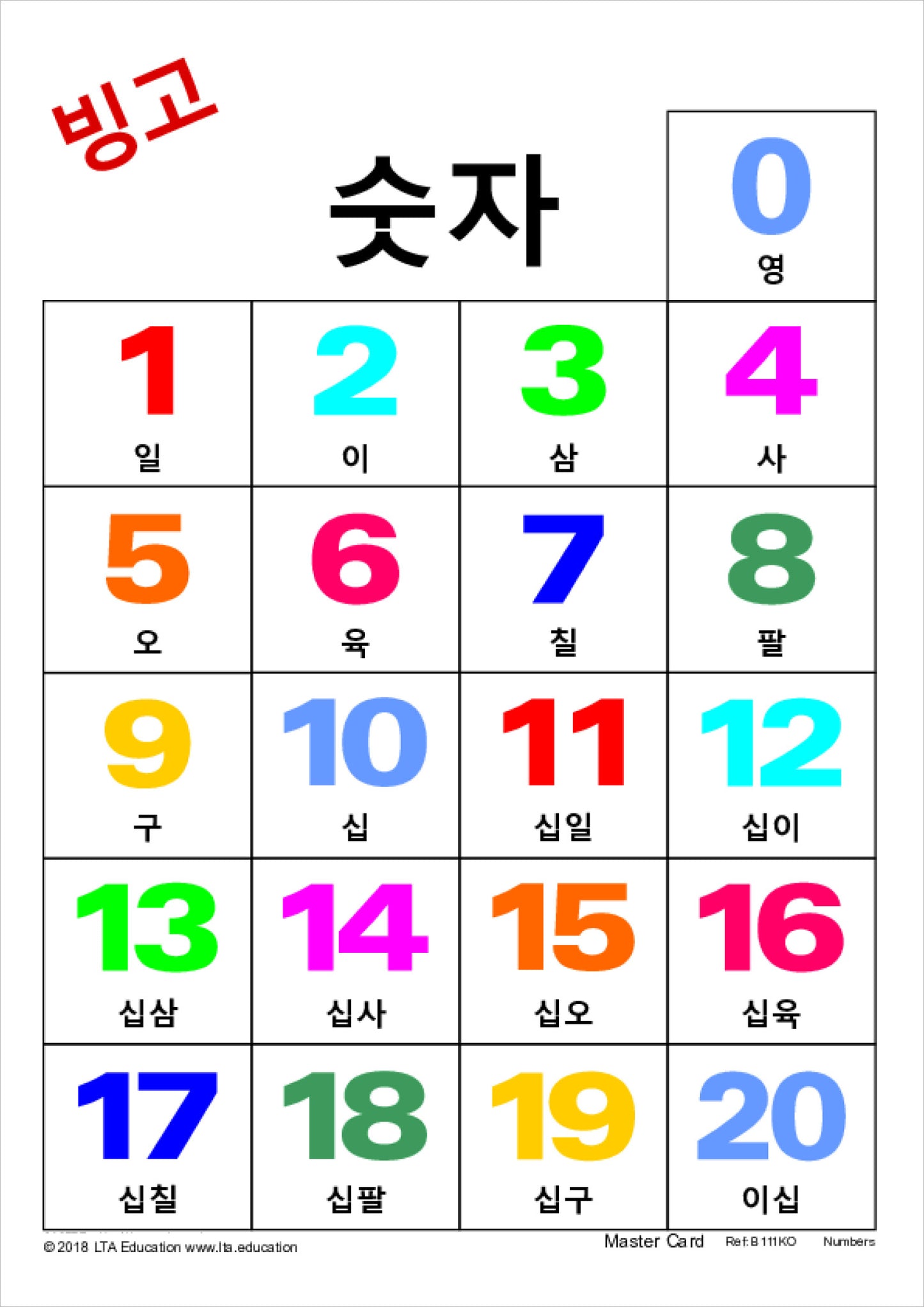 Numbers 0-20 Bingo Game