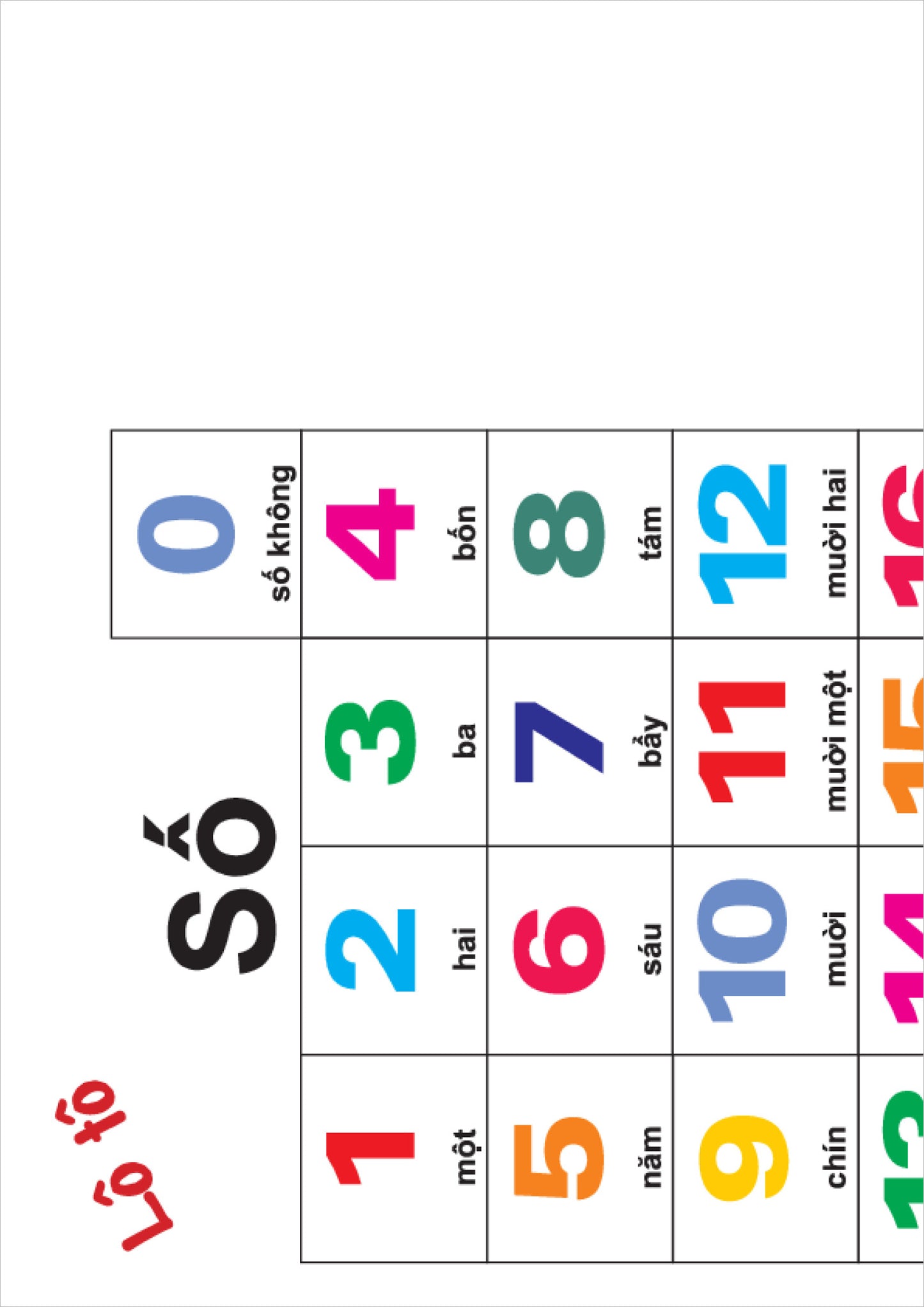 Numbers 0-20 Bingo Game