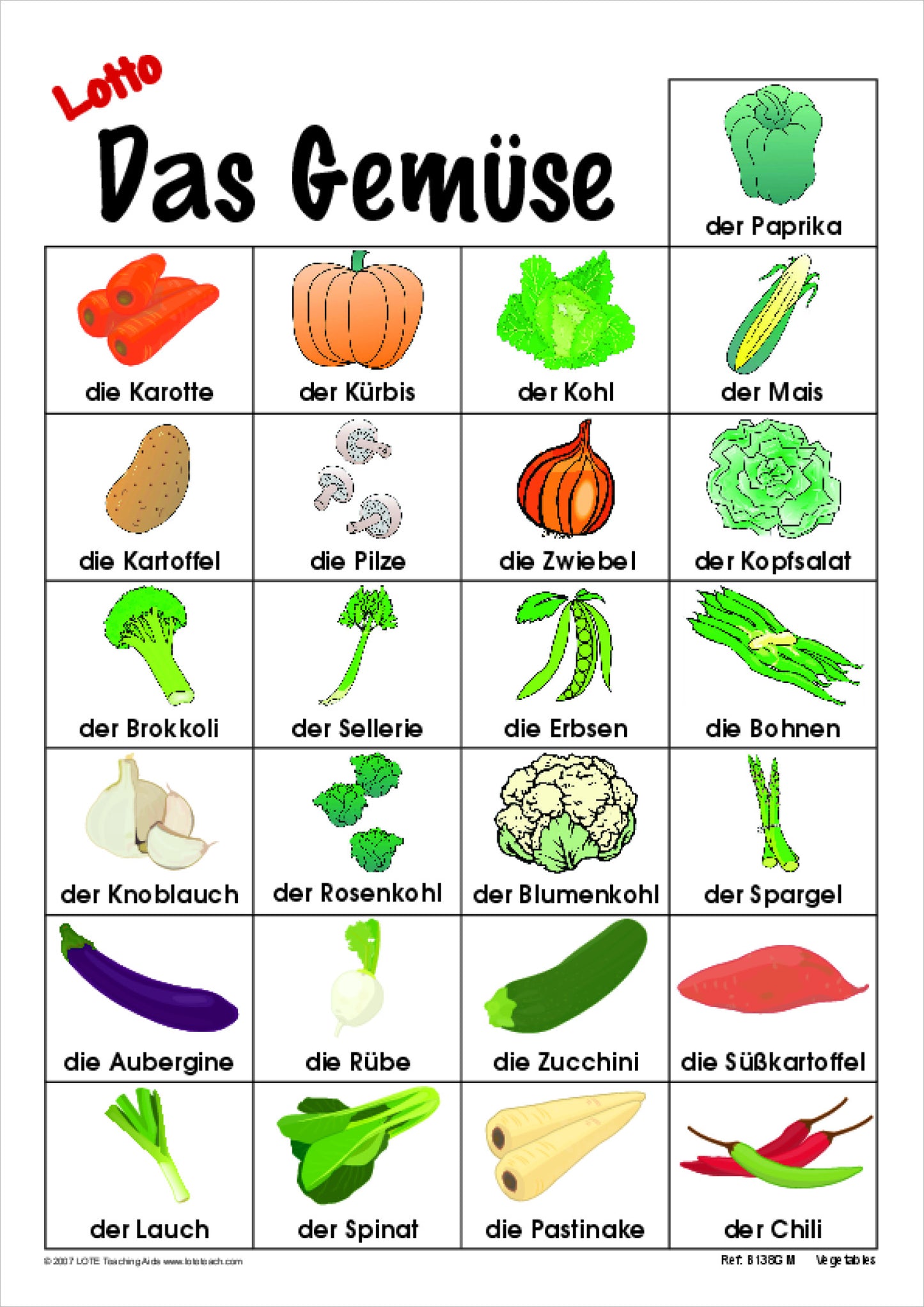 Vegetables Bingo Game