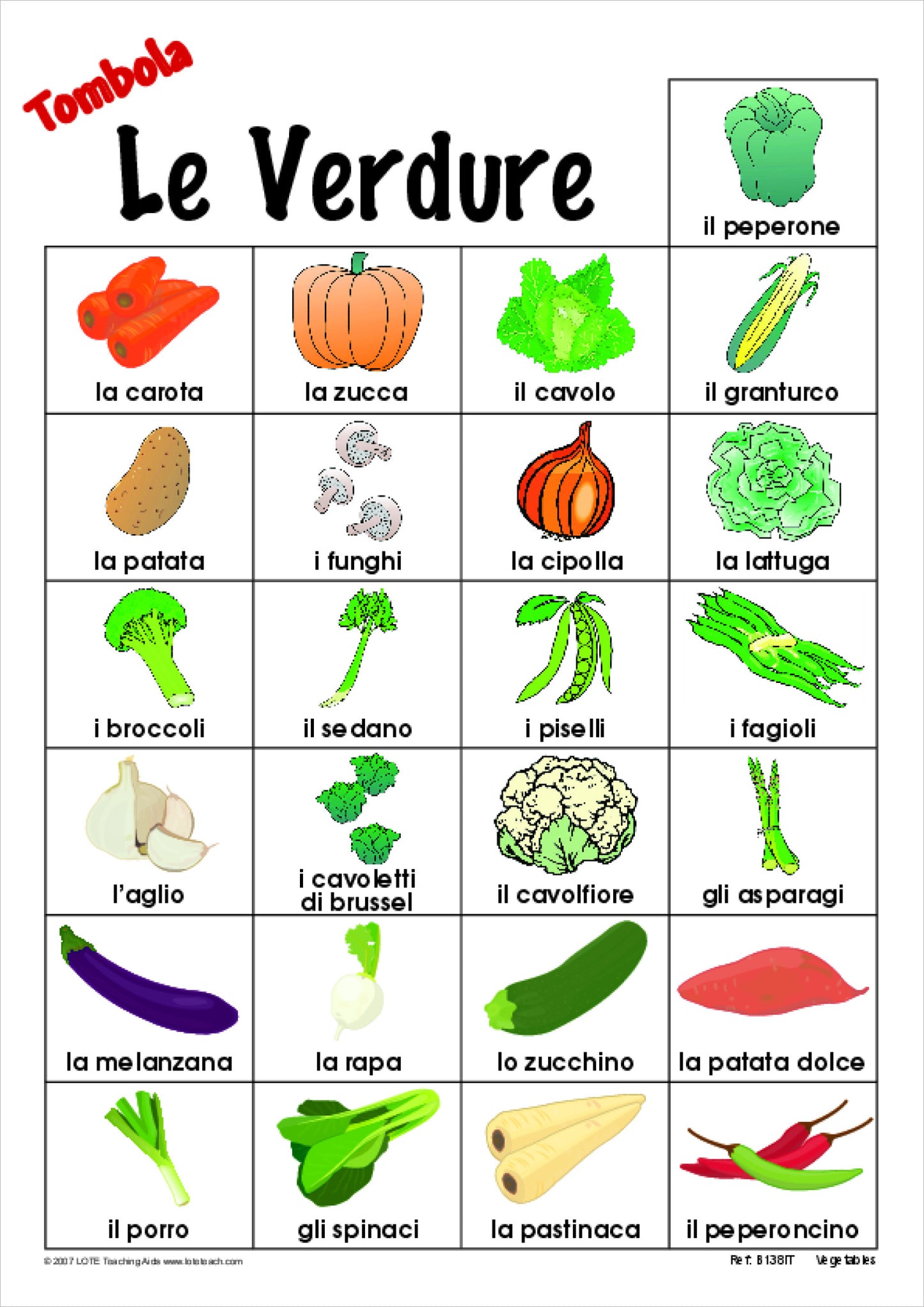 Vegetables Bingo Game