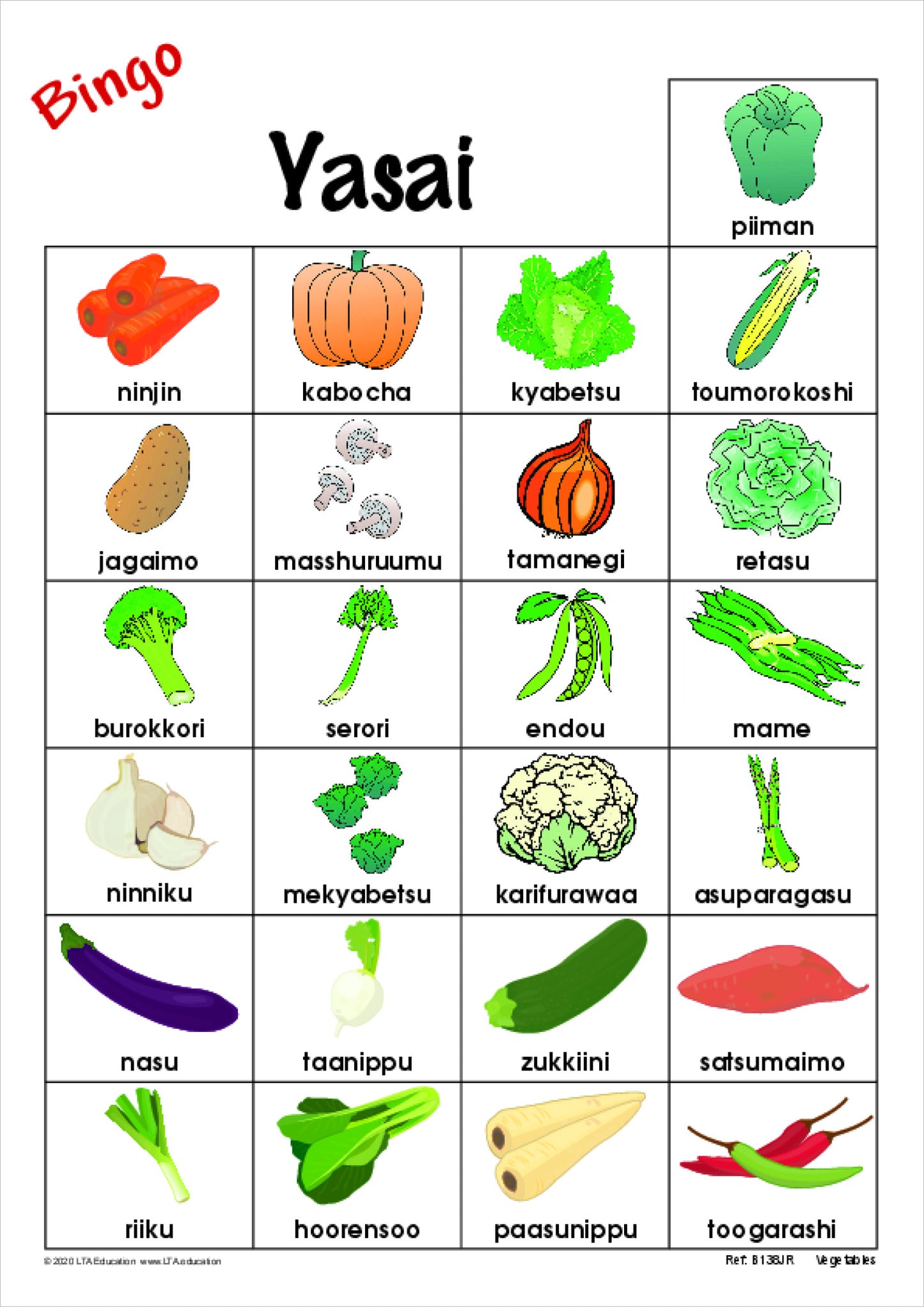 Vegetables Bingo Game