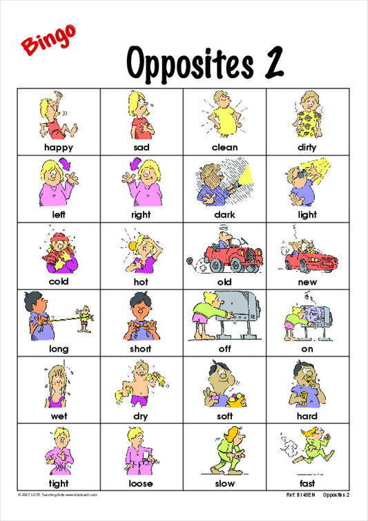 'Opposites 2' Bingo Game