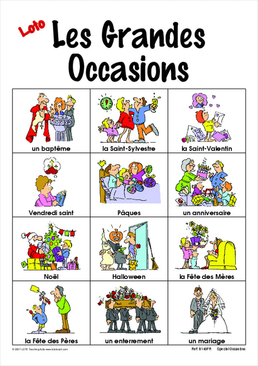'Special Occasions' Bingo Game