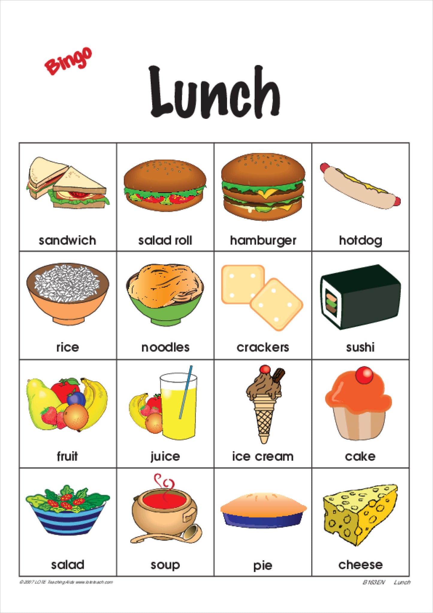 'Lunch' Bingo Game