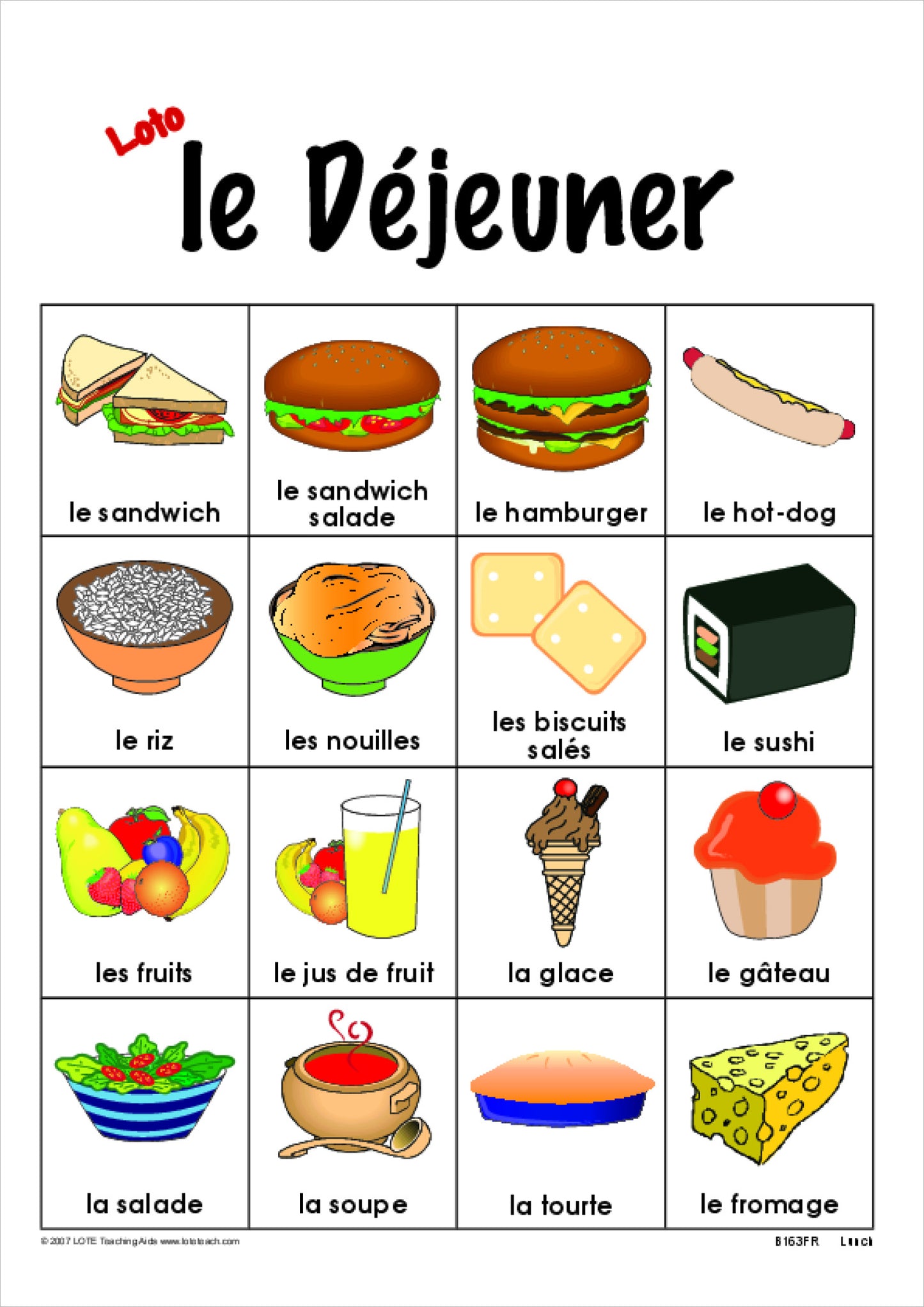 'Lunch' Bingo Game