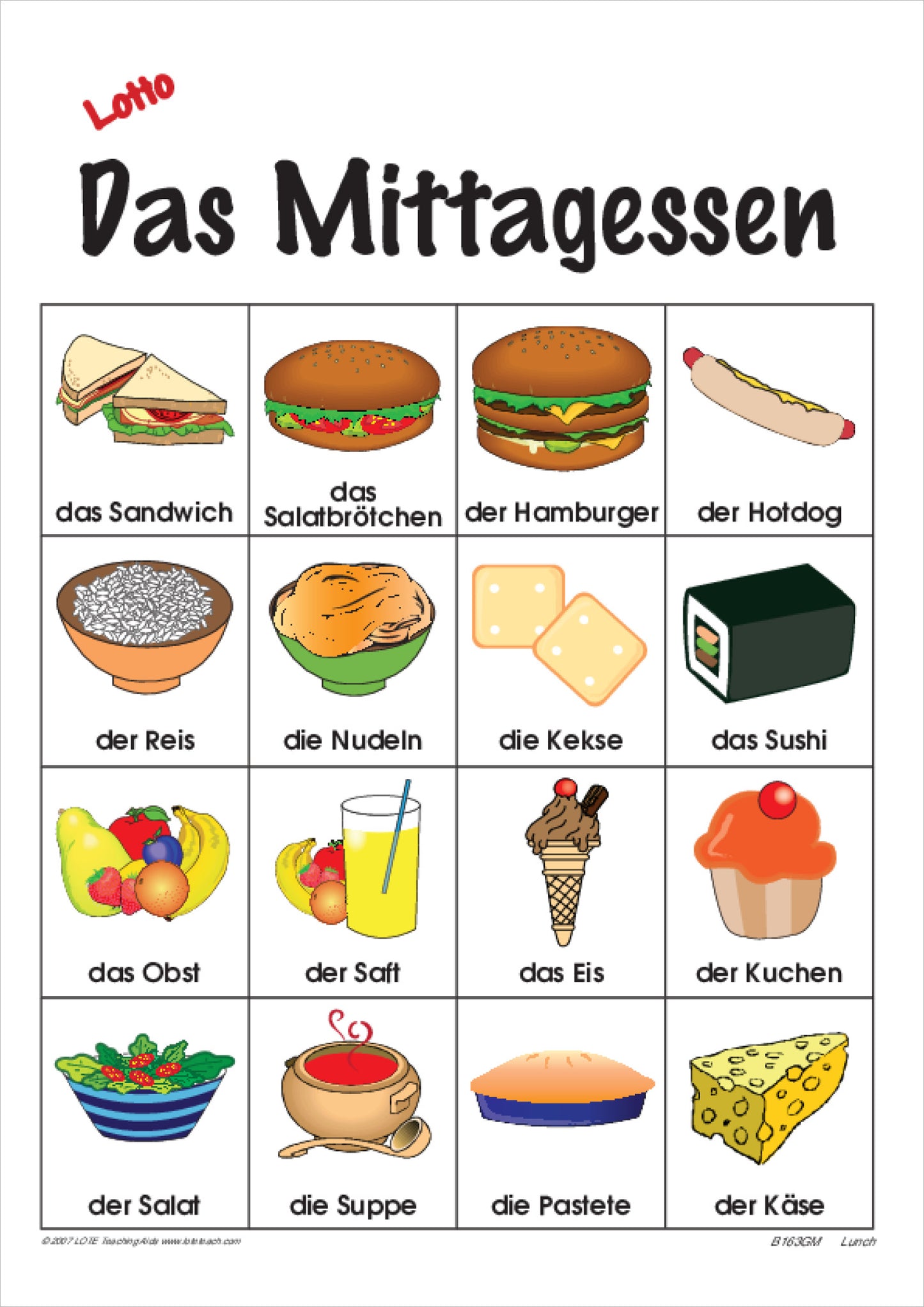 'Lunch' Bingo Game