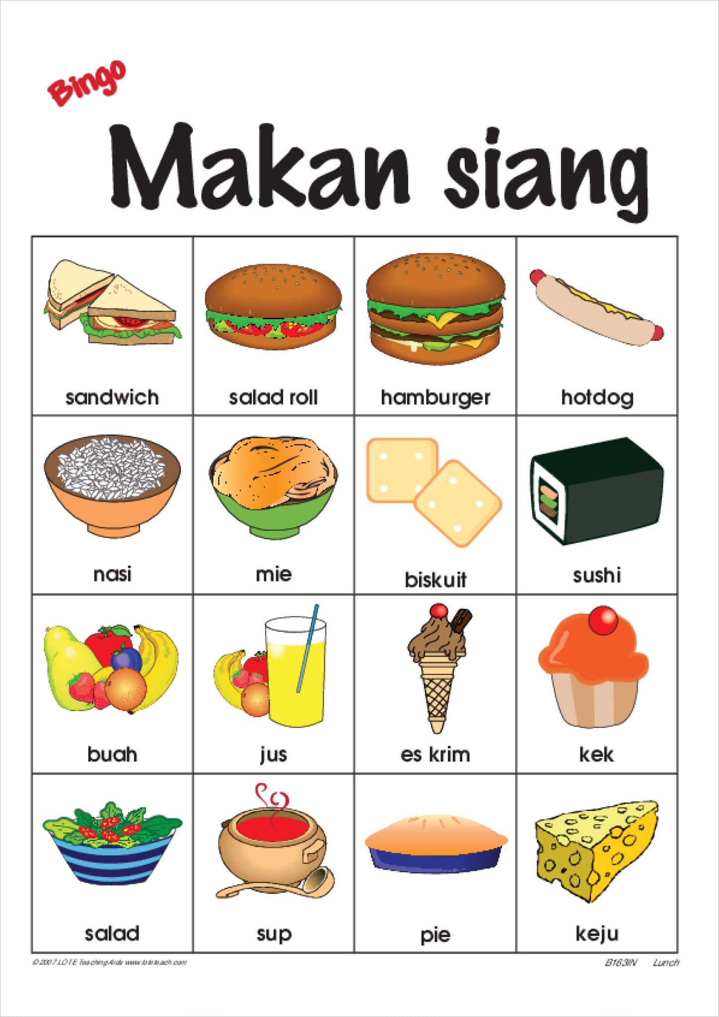 'Lunch' Bingo Game