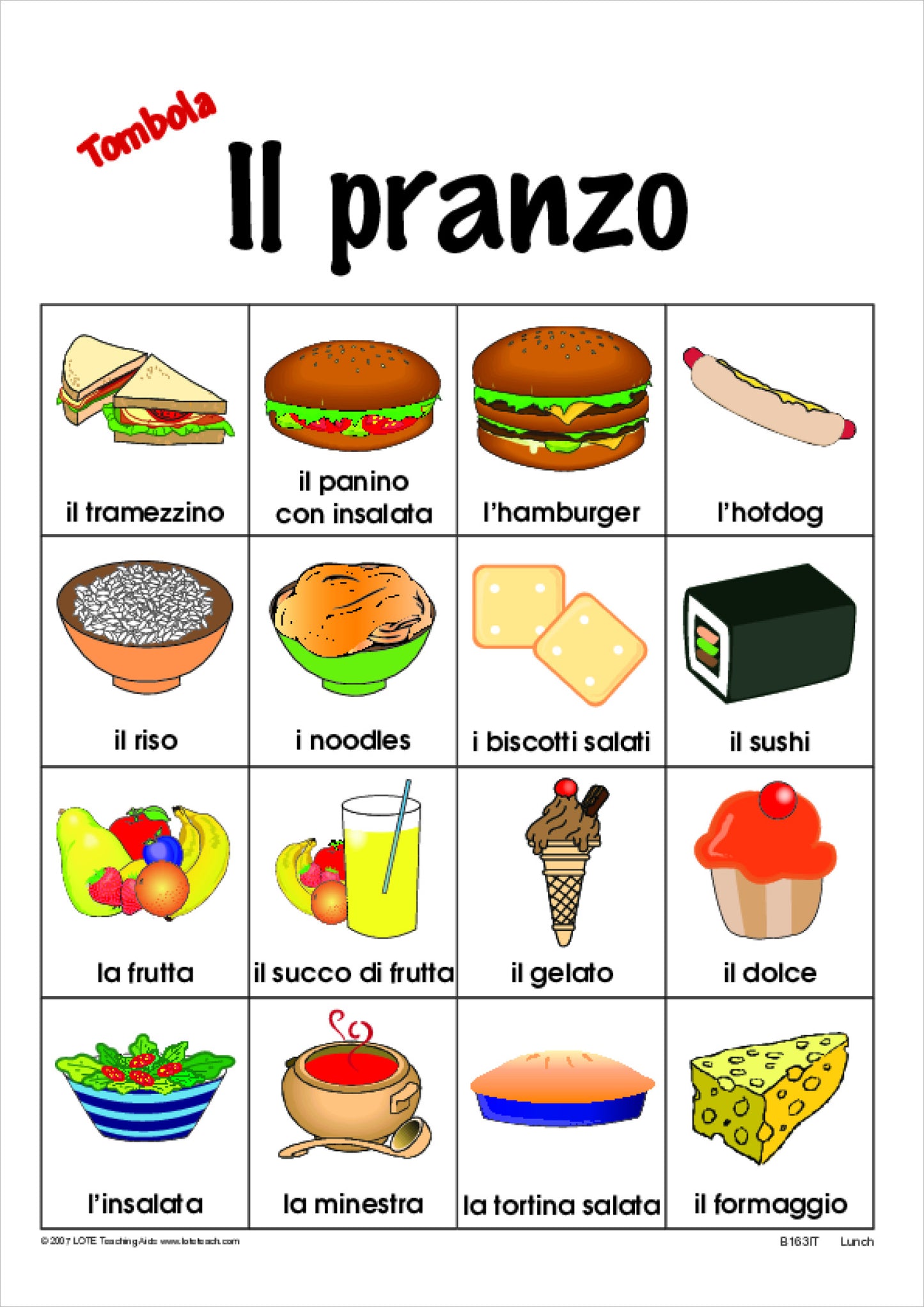 'Lunch' Bingo Game