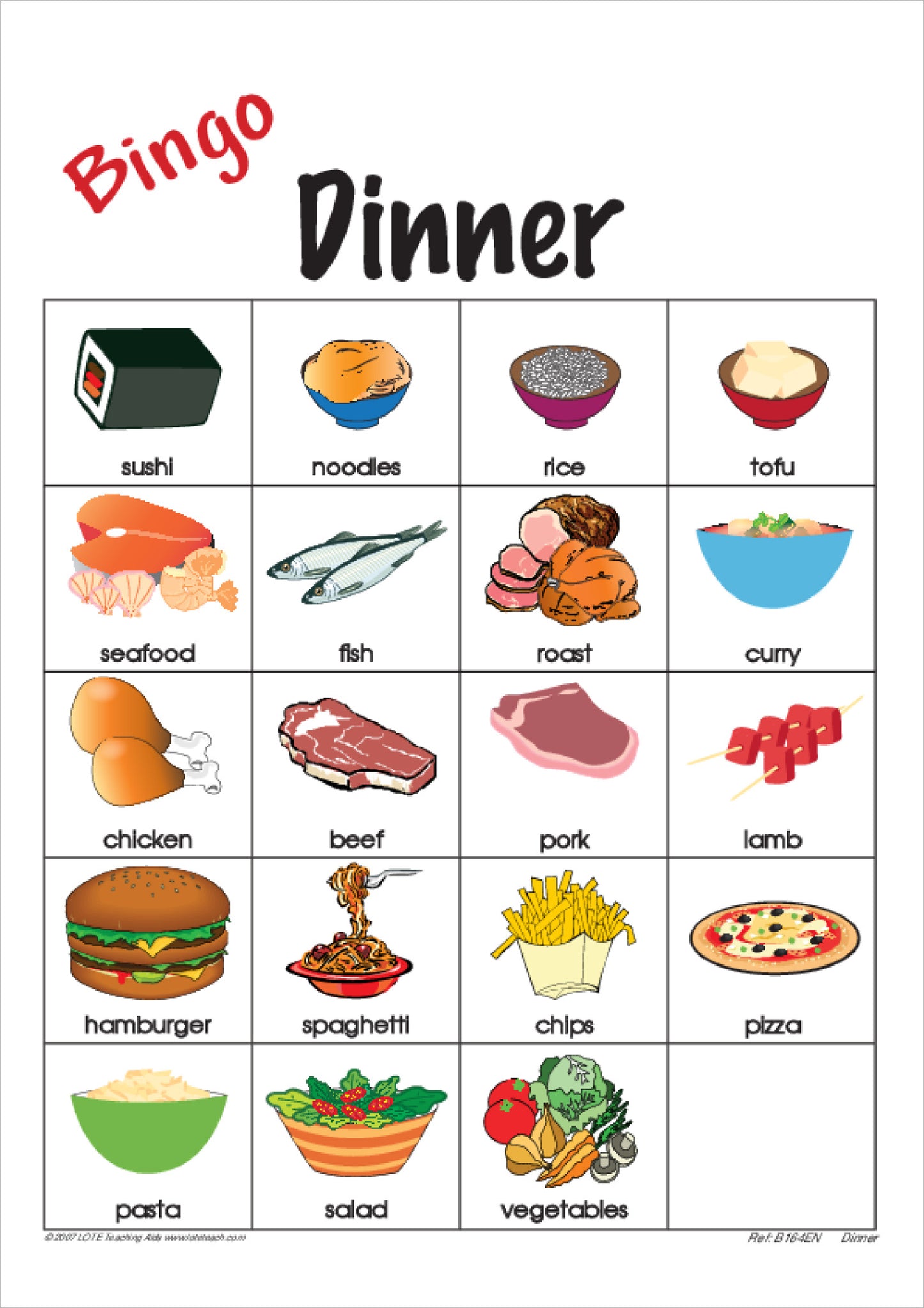 Dinner Bingo Cards