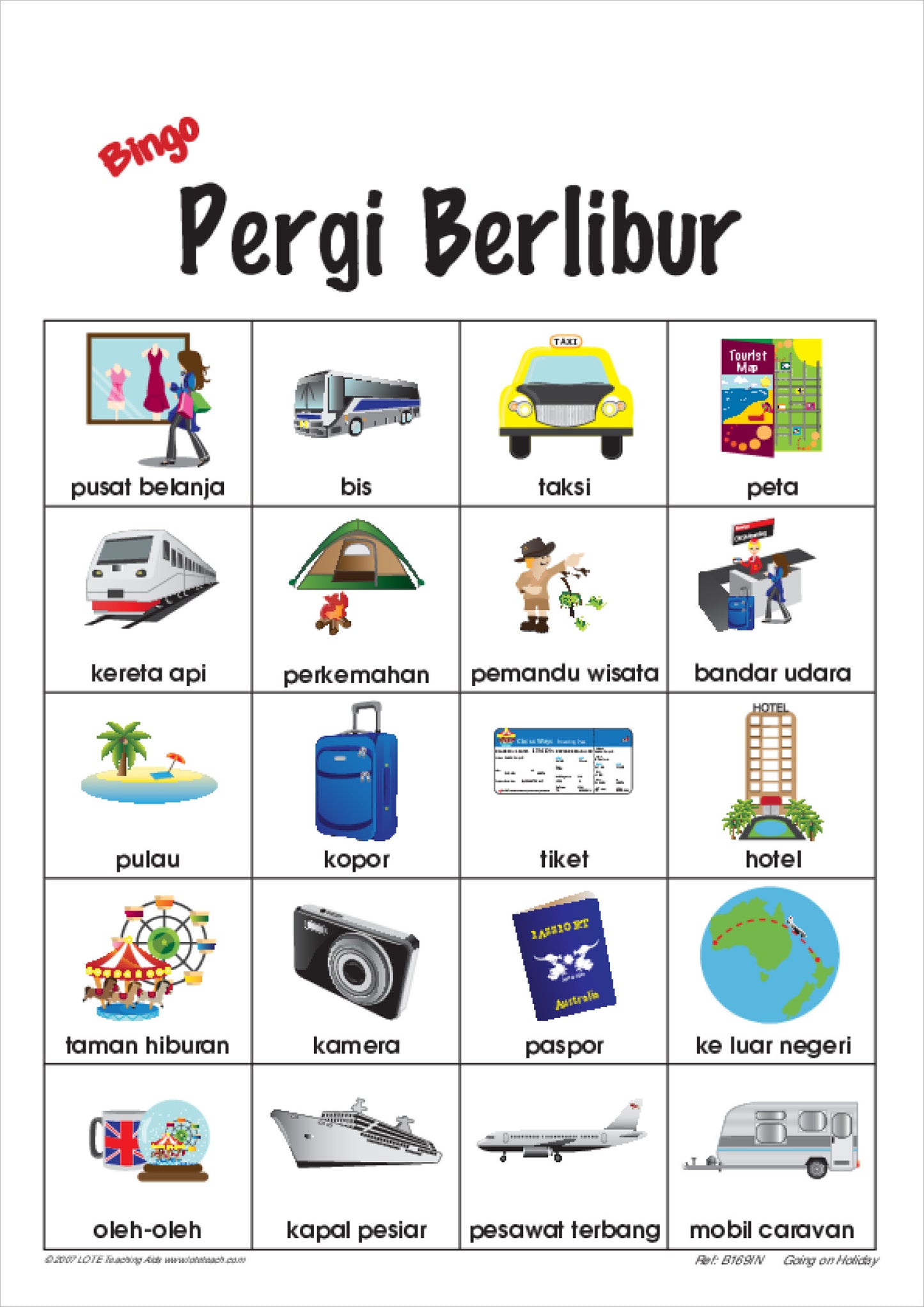 'Going on holiday' Bingo Game