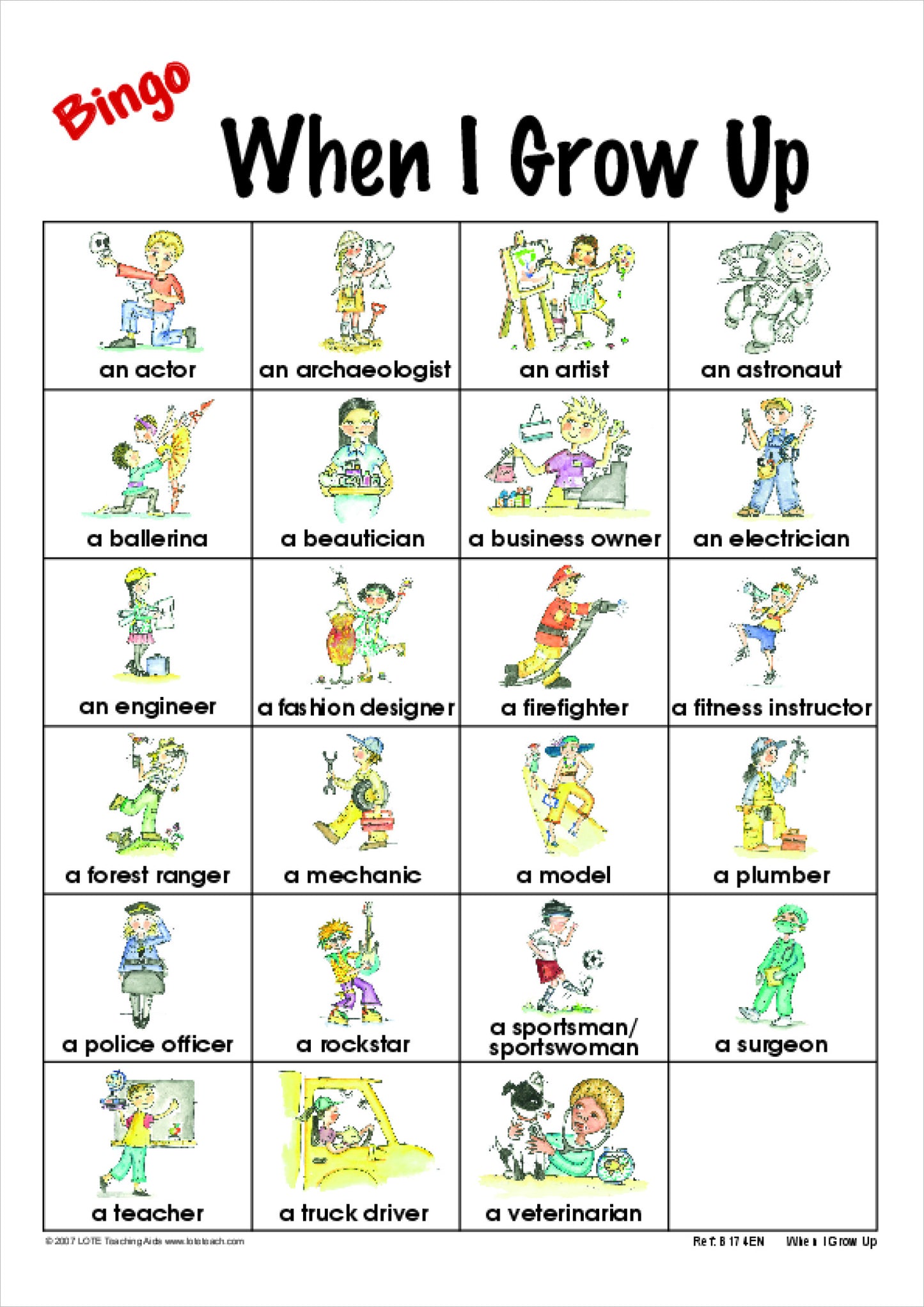 When I Grow Up Bingo Game