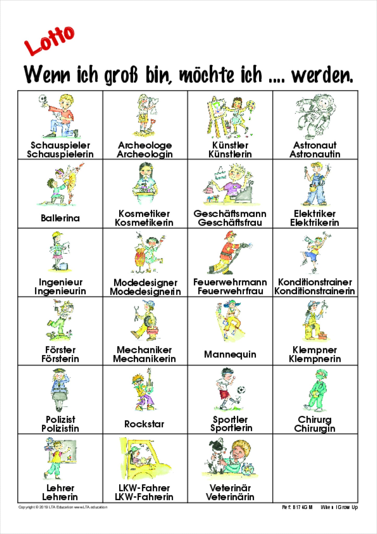 When I Grow Up Bingo Game