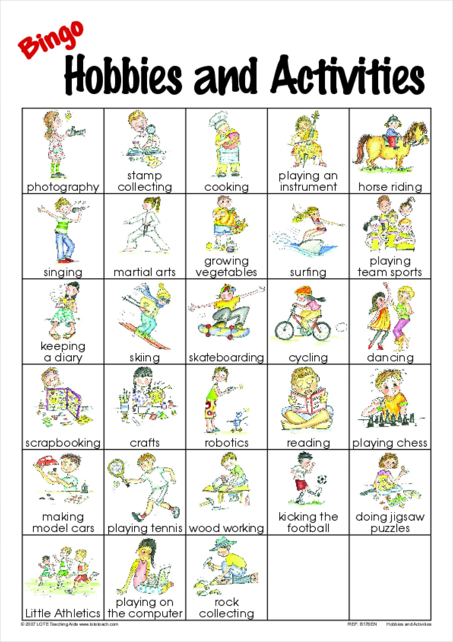 Hobbies and Activities Bingo Game