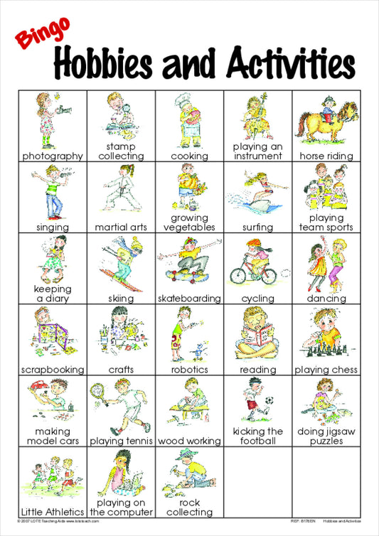 Hobbies and Activities Bingo Game
