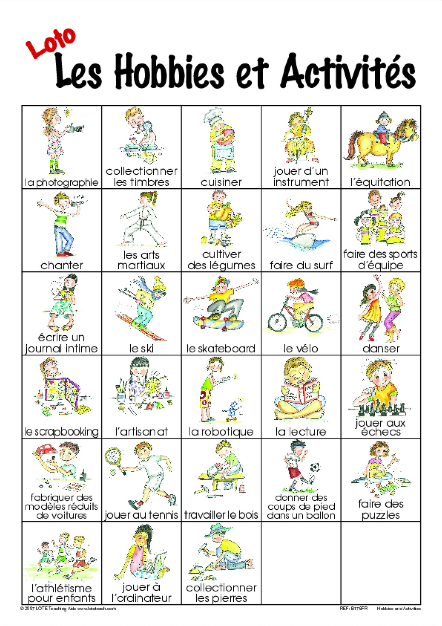 Hobbies and Activities Bingo Game