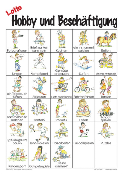 Hobbies and Activities Bingo Game