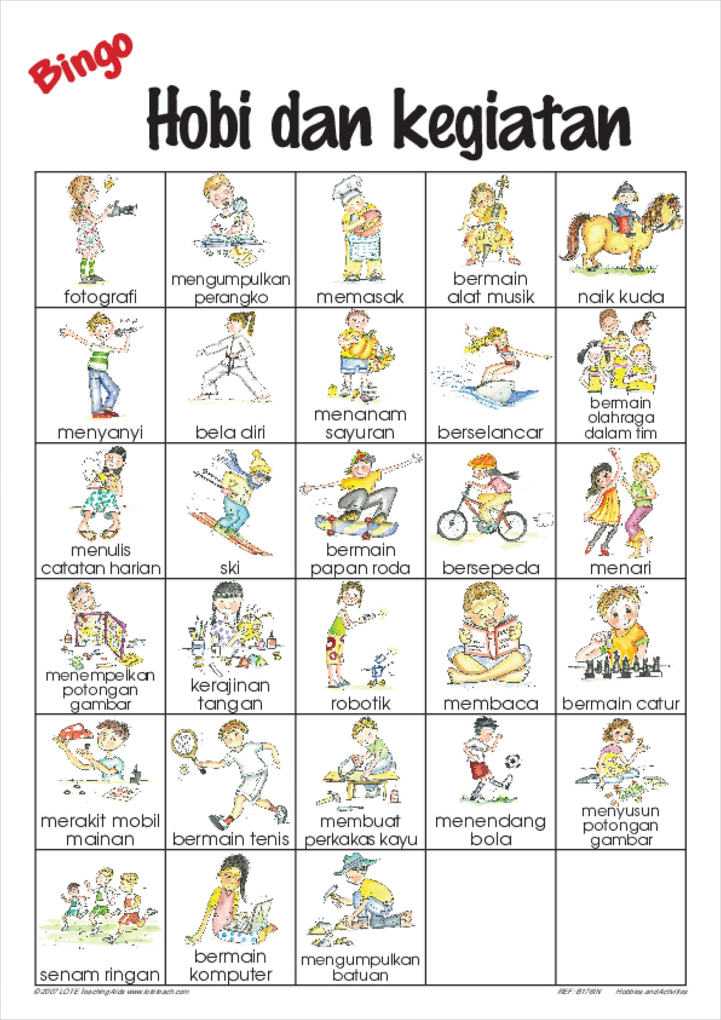 Hobbies and Activities Bingo Game