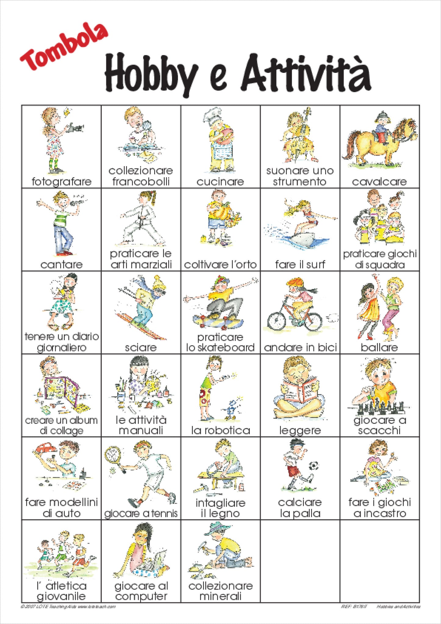 Hobbies and Activities Bingo Game
