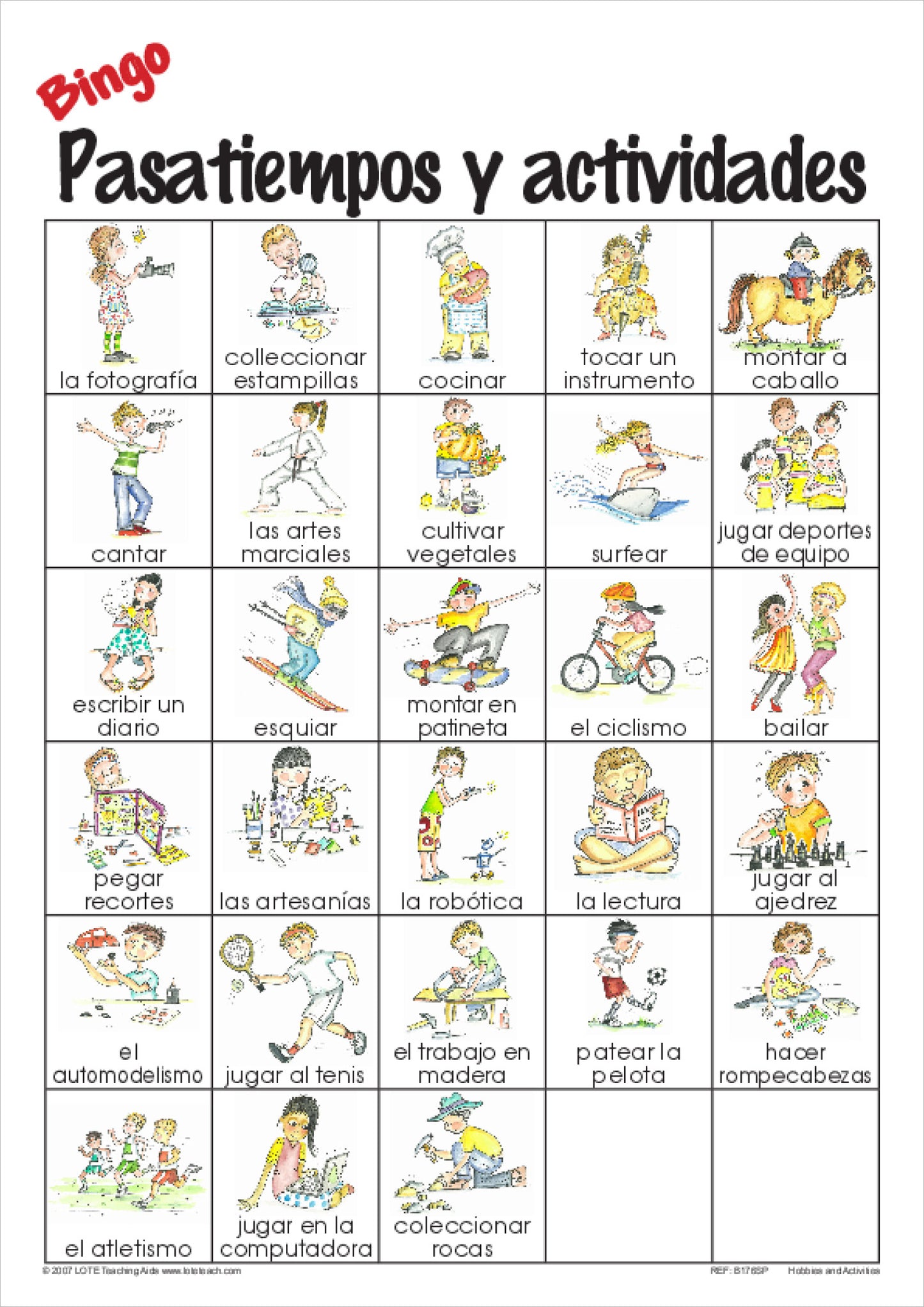 Hobbies and Activities Bingo Game