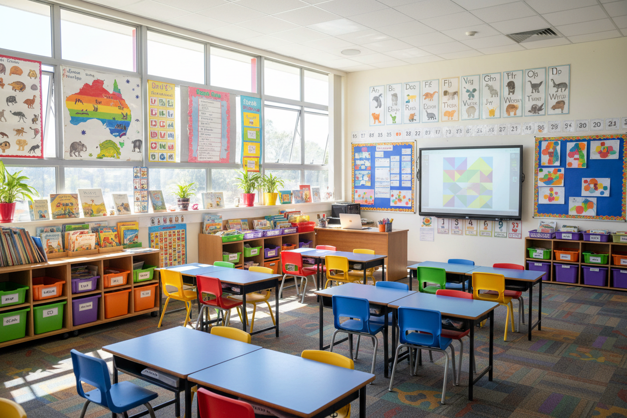 australian primary classroom bright and colorful no students