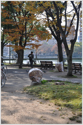 Clearing leaves at the Riverside Garden, Hiroshima