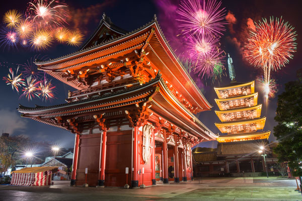 Fireworks over Sensoji Temple, Asakusa